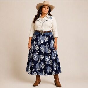BOARDWALK Vtg 90s Floral Midi Maxi Skirt Sze 22 Blue Denim Waistband Western USA